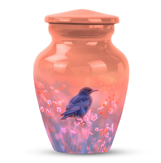 Bird Urn for Ashes, Blue Songbird Among Pink Flowers, Memorial Urn