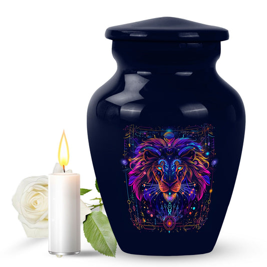 Lion Urn for Human Ashes with Glowing Lion in Navy, Cremation Urn