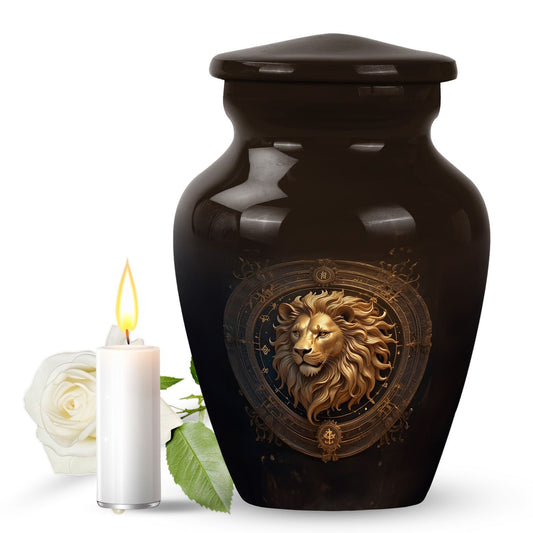 Lion Urn for Human Ashes, Gold Head in an Ornate Circular Emblem, Memorial Urn