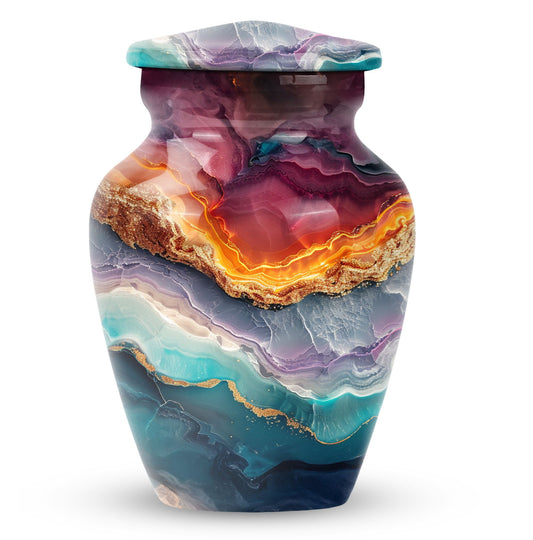 Marble Urn for Human Ashes, Plum Orange and Teal Geode Layers, Classic Urn