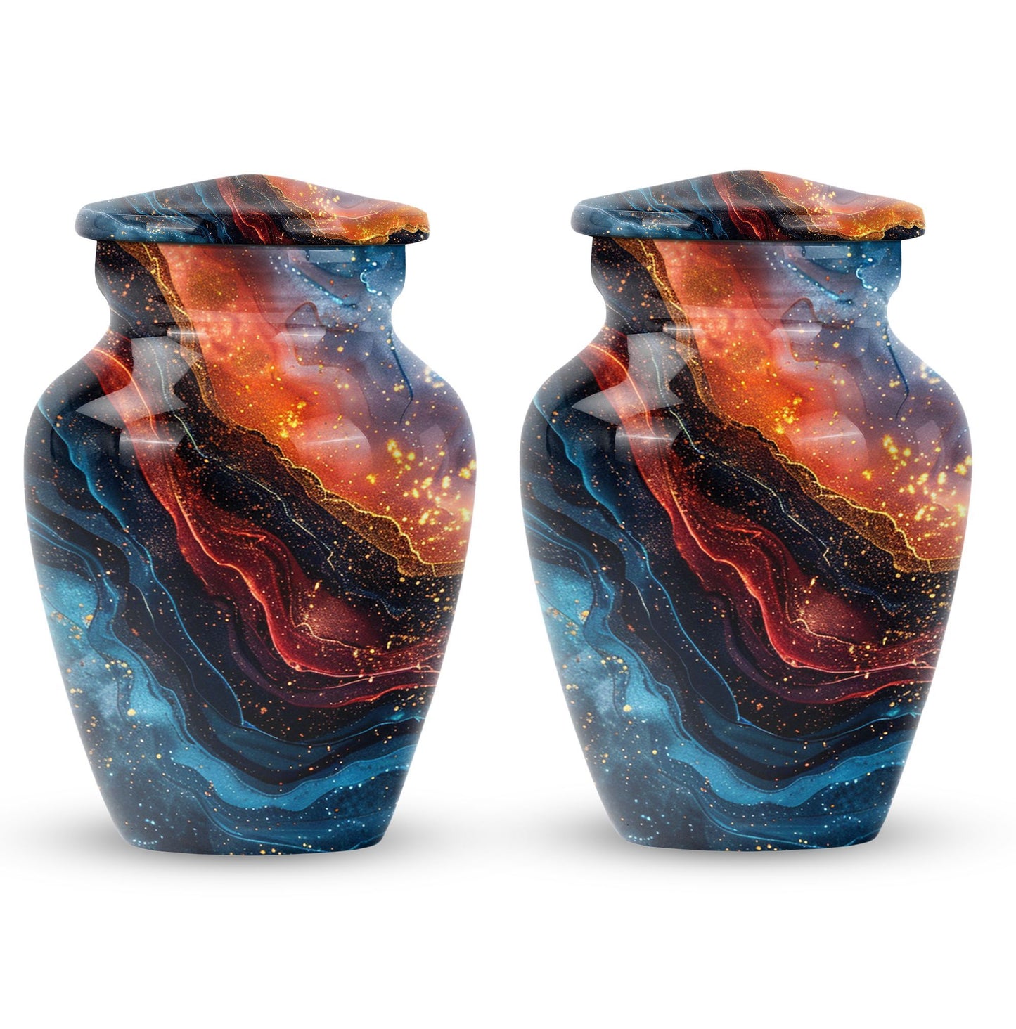 Abstract classic 10-inch aluminum urn for adult human ashes.