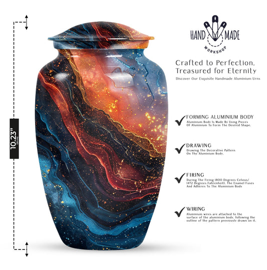 Abstract classic 10-inch aluminum urn for adult human ashes.