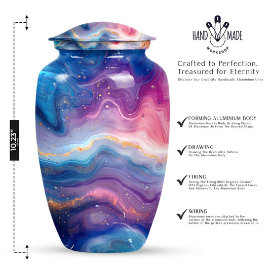 Abstract handcrafted 10 inch aluminium classic urn for containment of ashes with personal engraving
