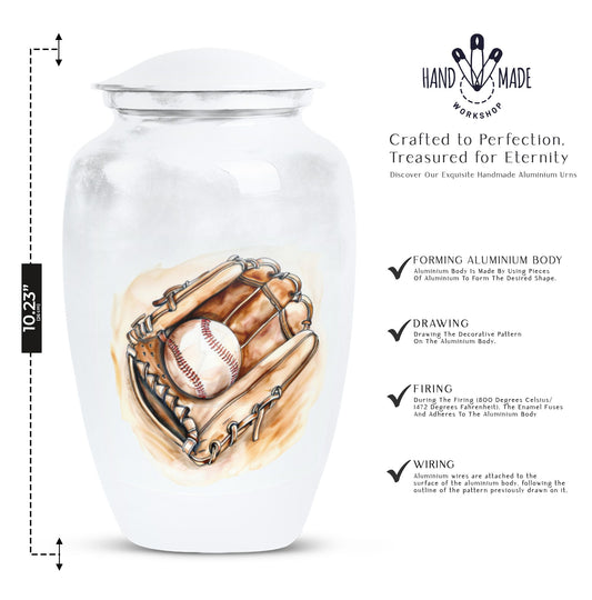 Classic 10-inch baseball cremation urn in abstract design,