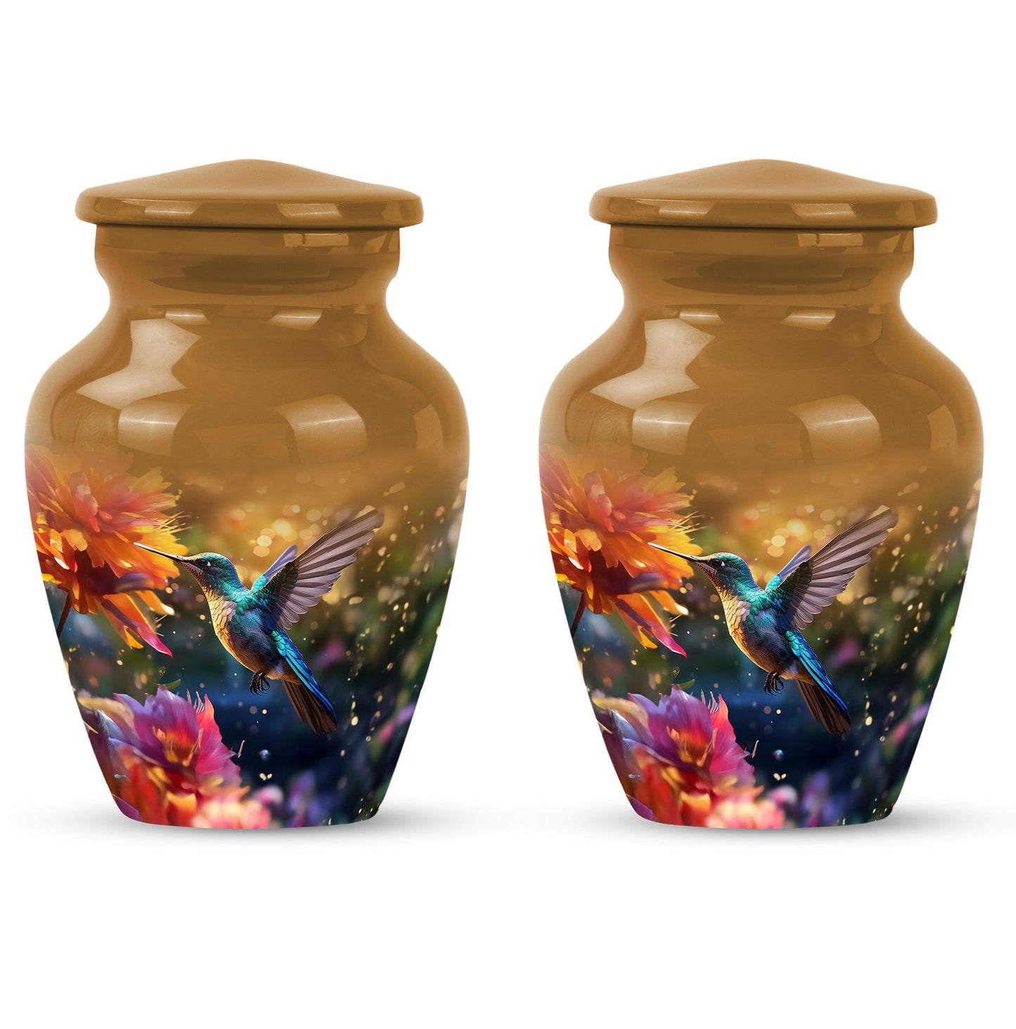 Aluminium Memorial urn adorned with humming birds design, suitable for adult human ashes