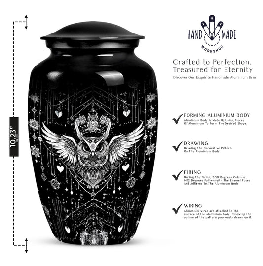 Classic 10-inch owl urn for cremation, aluminum-made