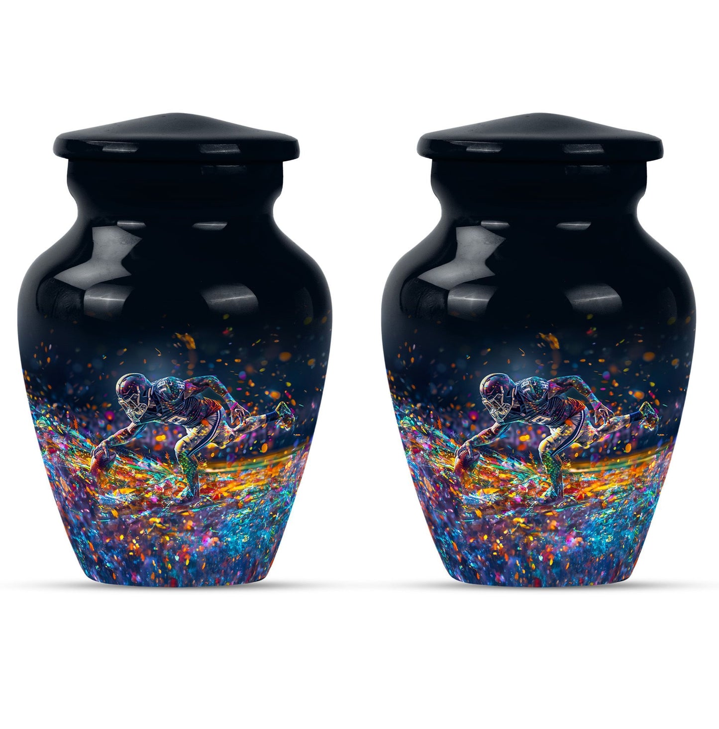 football urn for male adult ashes, includes velvet pouch.