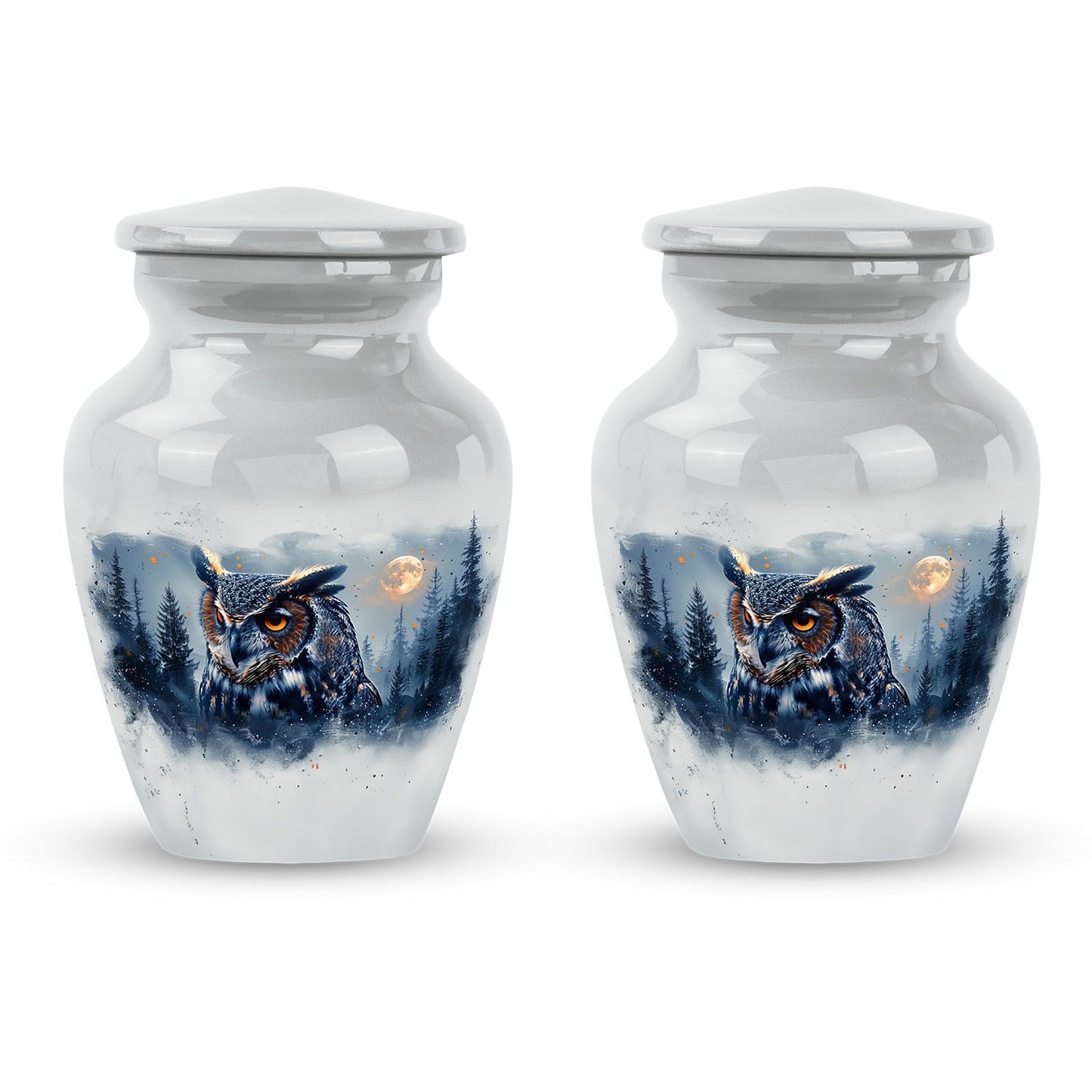 Abstract-themed, classic aluminium owl urn for adult ashes