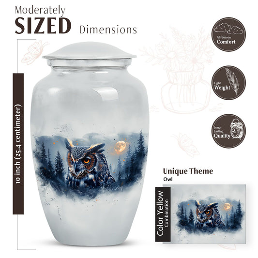 Abstract-themed, classic aluminium owl urn for adult ashes
