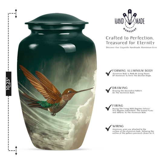 Large classic humming bird design aluminium cremation urn.