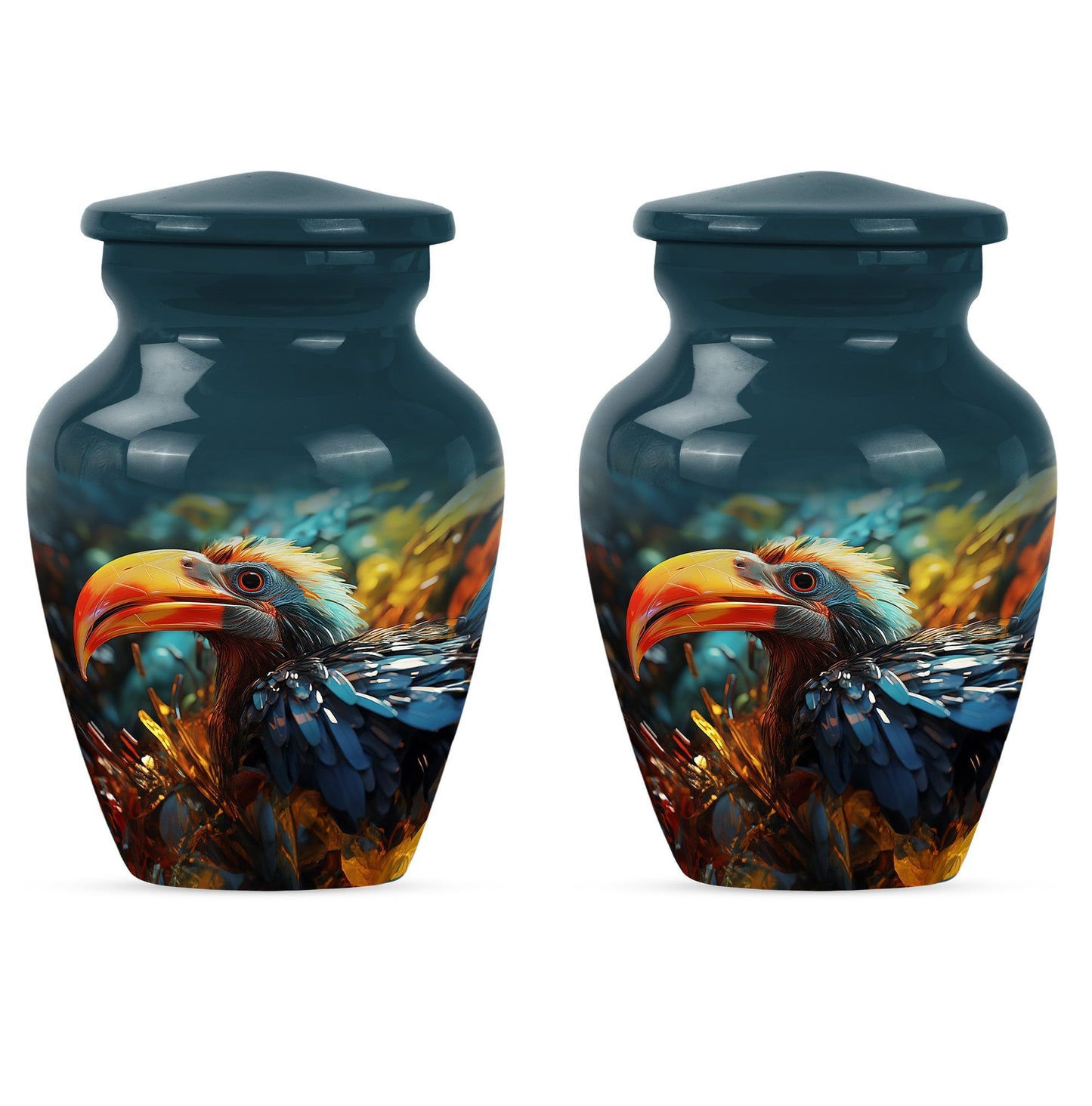 Classic Toucans Urn, an abstract aluminium cremation urn.