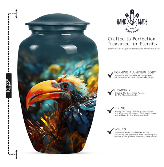 Classic Toucans Urn, an abstract aluminium cremation urn.