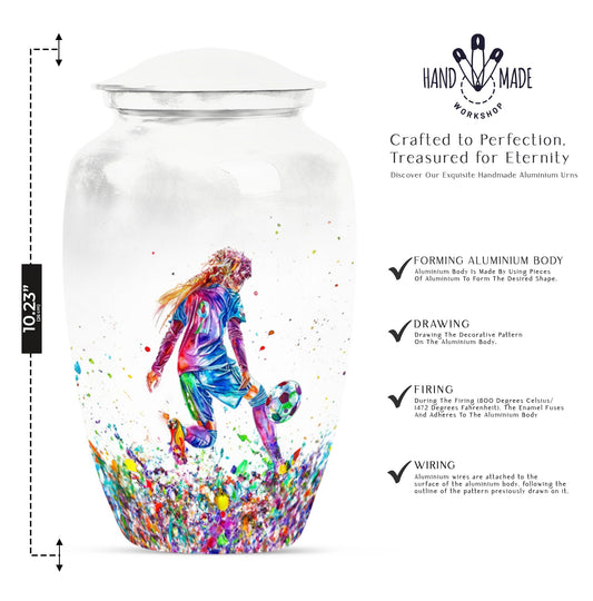 Classic 10-inch soccer-themed aluminium funeral urn.