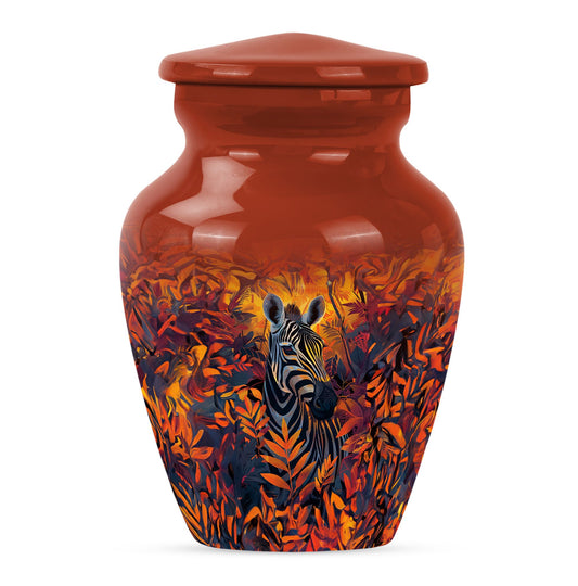 Zebra Urn for Human Ashes, Among Fiery Orange Leaves, Memorial Urn