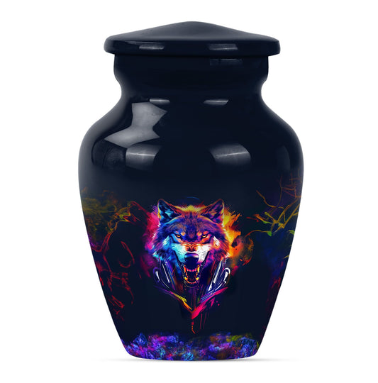 Wolf Urn for Human Ashes, Colorful Snarling Wolf on Dark, Memorial Urn