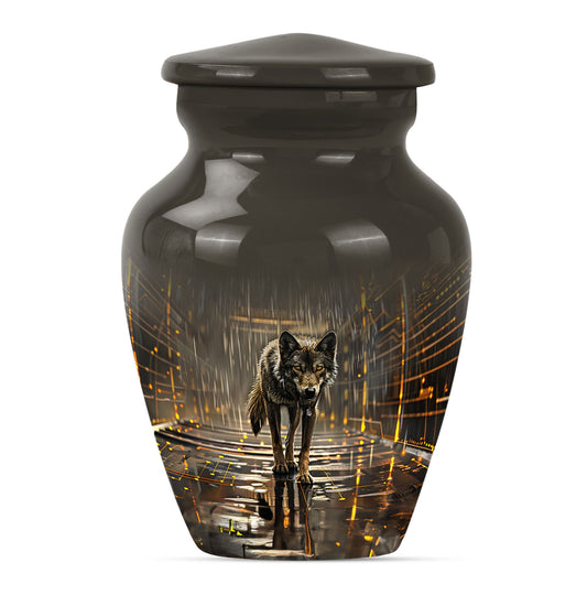 Wolf Urn for Human Ashes, Wolf on Rainy City Street, Memorial Urn
