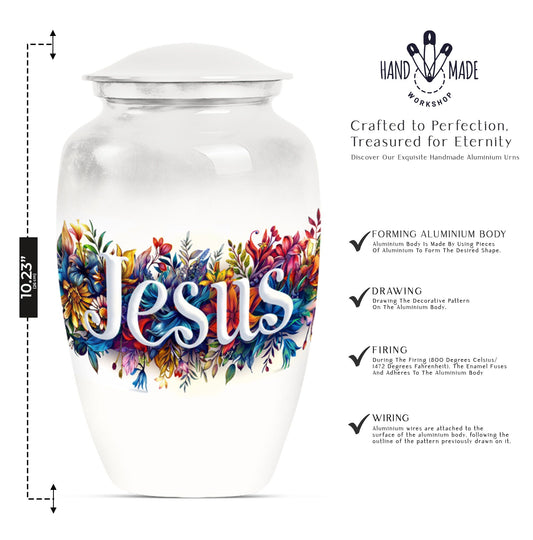 10-inch Jesus cremation adult urn with abstract theme.