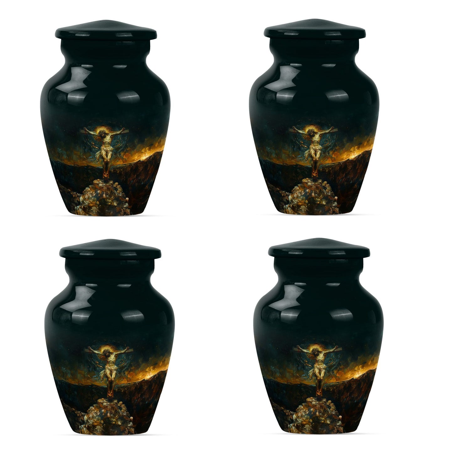 Classic Jesus-themed cremation urn for holding adult human ashes.