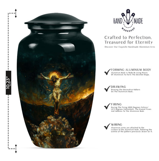 Classic Jesus-themed cremation urn for holding adult human ashes.