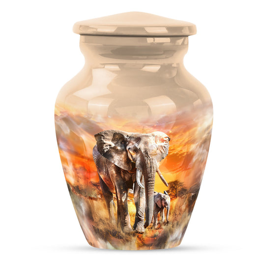Elephant Urn for Human Ashes with Elephant and Calf at Sunset, Golden Memorial Urn