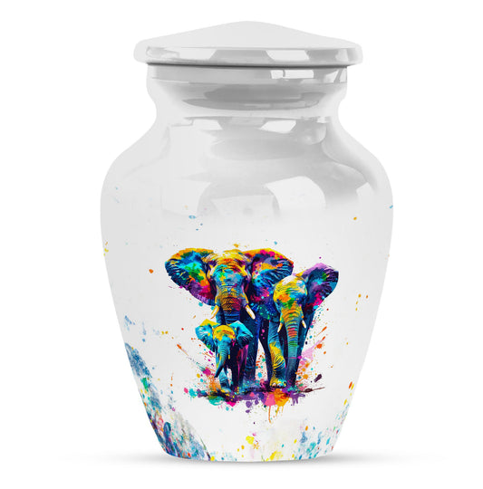 Elephant Urn for Human Ashes with Watercolor Mother and Baby Elephants, White Memorial Urn
