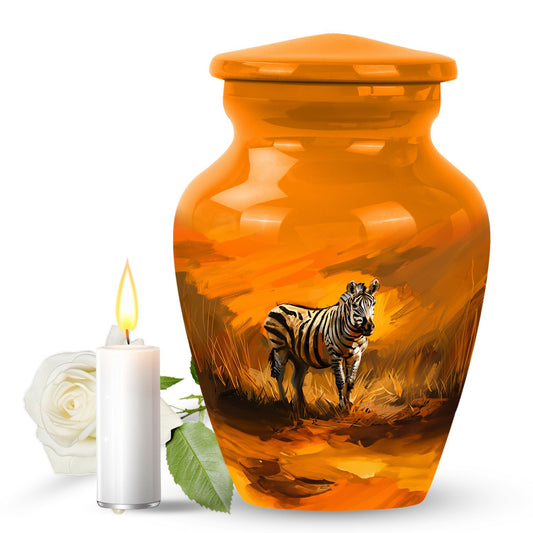 Zebra Urn for Human Ashes, Black and White Stripes in Golden Savanna, Memorial Urn