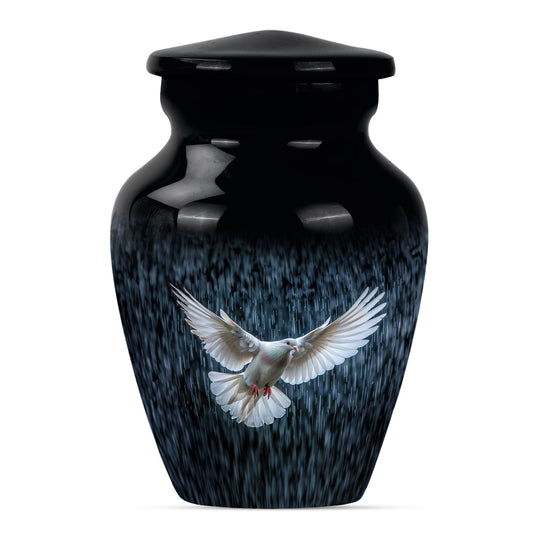 Bird Urn for Human Ashes, Dove Against Dark Rainy Background, Cremation Urn