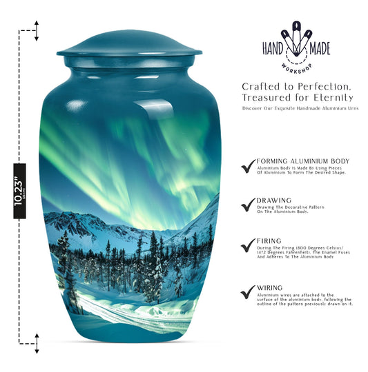 10-inch aluminium Northern Lights Urn for human ashes.