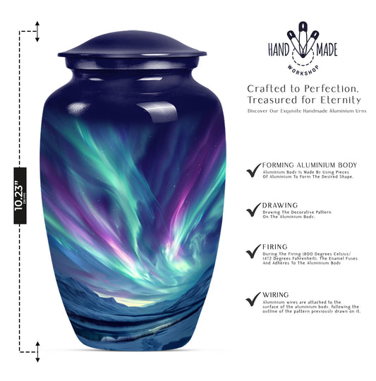 Elegant 10 Inch northern lights urn in Purple Meadow.