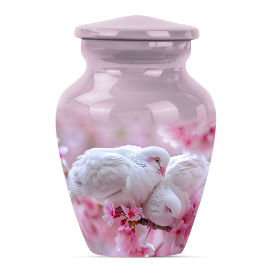 Bird Urn for Human Ashes, White Doves Cuddling on Cherry Blossom Branch, Cremation Urn