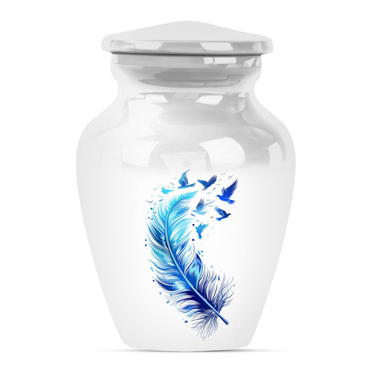 Blue Personalized Feather Cremation Urn for Women - 10-inch, 200 cu in - Yatskia