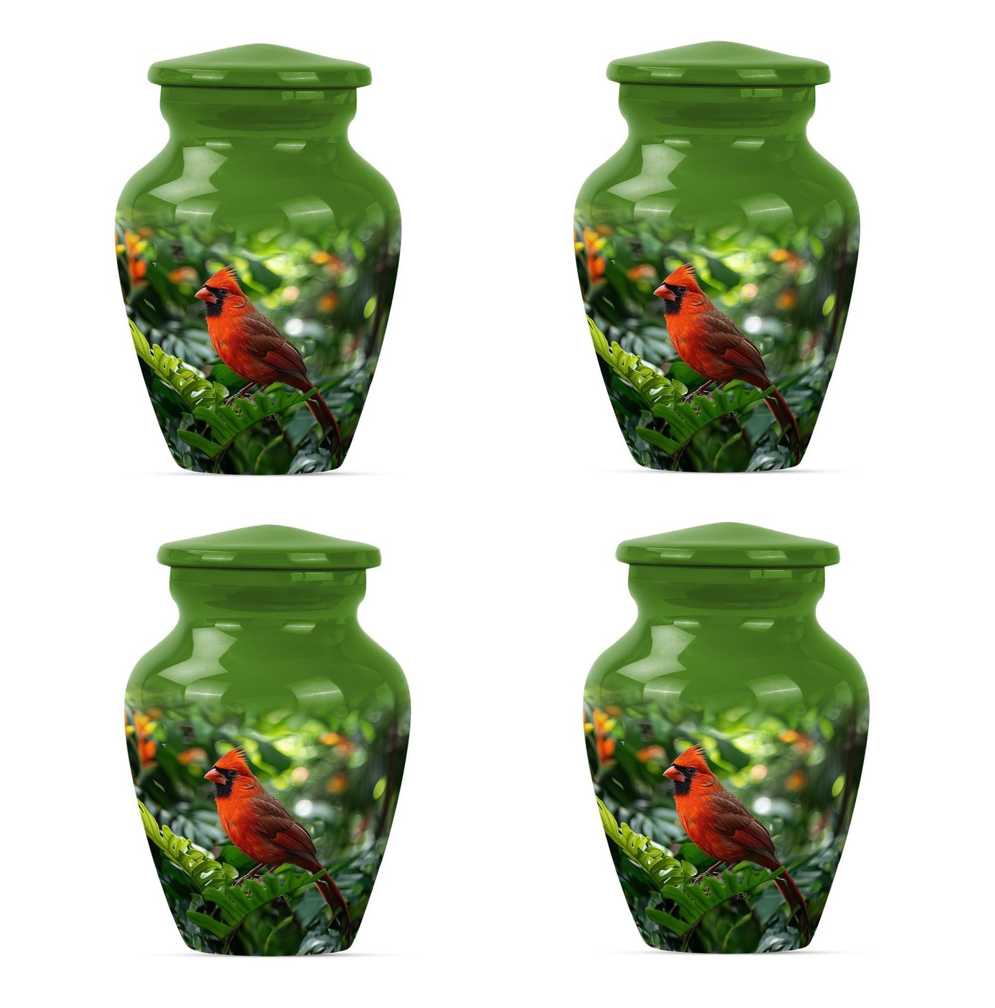 Cardinal bird urn with wolf howling