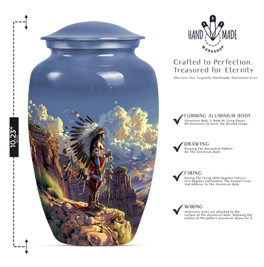 10 Inch Classic Tribe Man Urn with Wolf Howling theme.