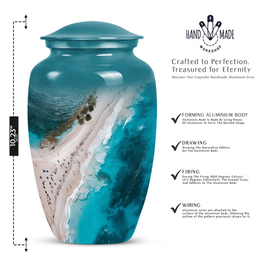 10-inch classic aluminium beach urn with floral theme.