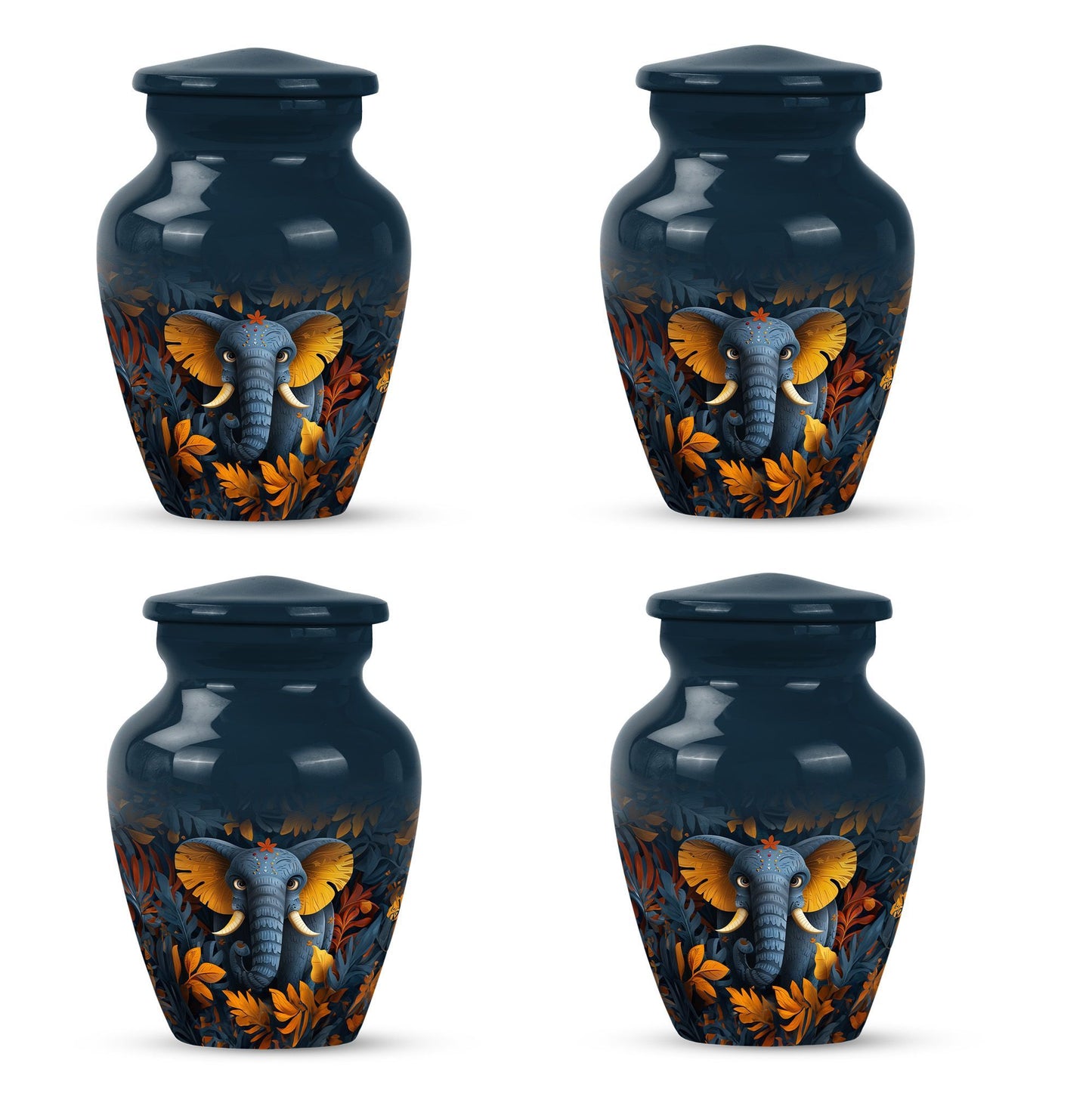 10 inch classic elephant urn with floral theme.
