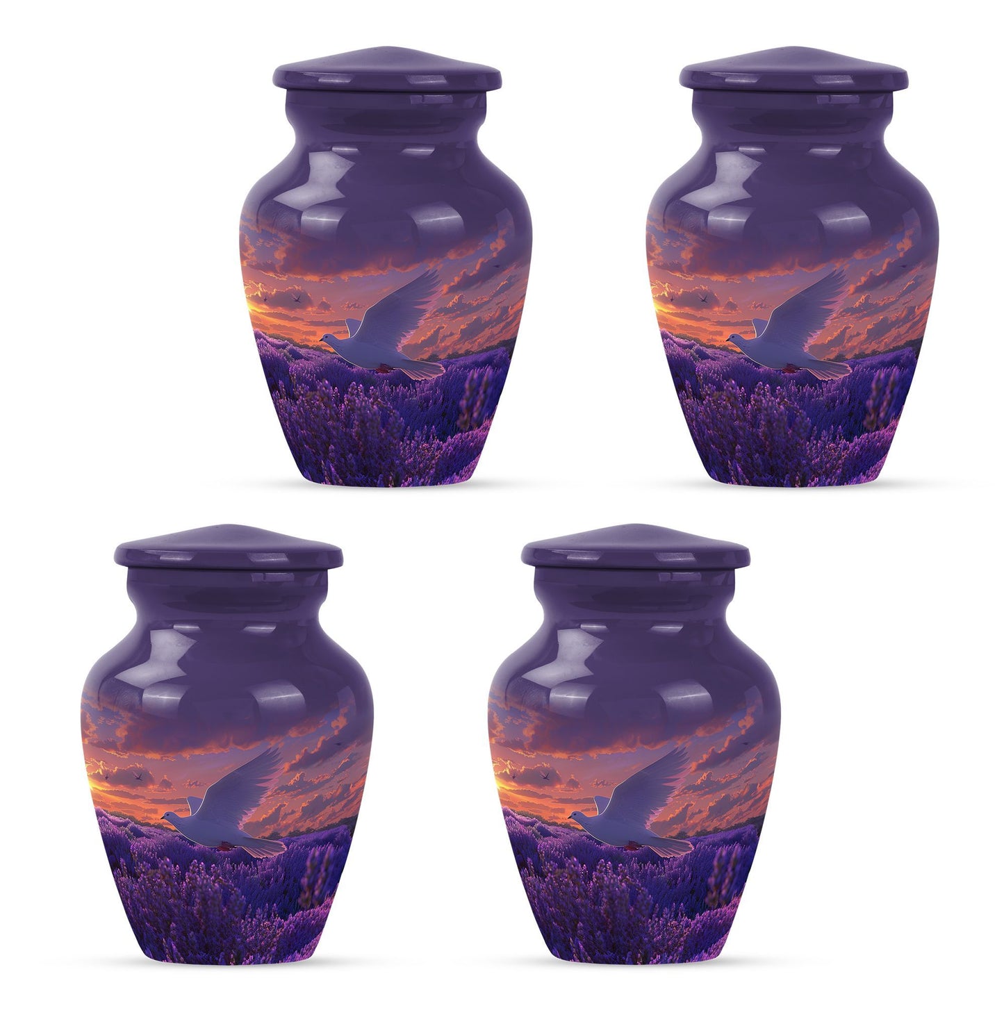 Classic 10-inch aluminum white dove on purple cremation urn.