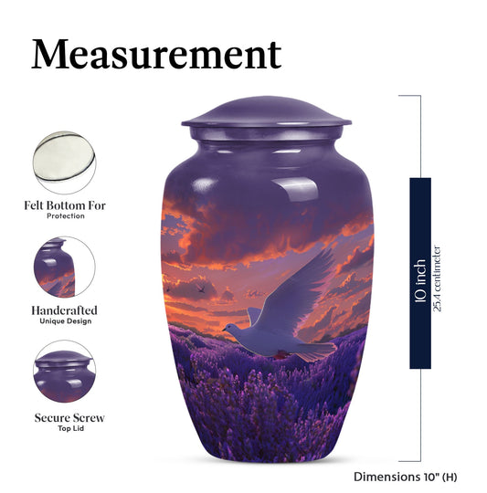 Classic 10-inch aluminum white dove on purple cremation urn.