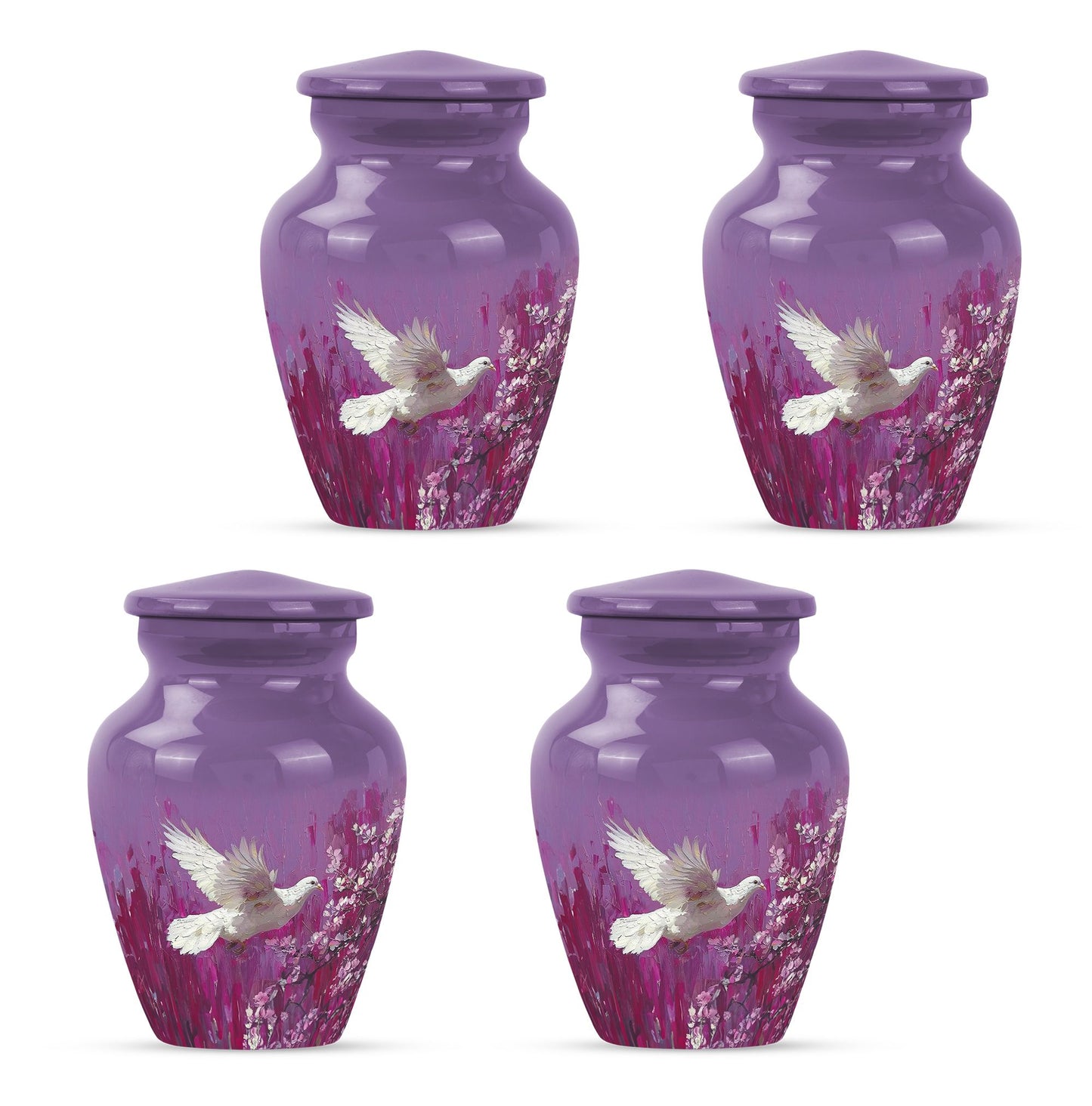 Classic 10-inch white dove on purple urn for ashes.