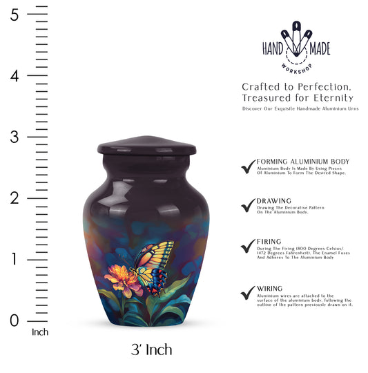 Charcoal Black Butterfly Cremation Urn close-up of engraving and surface detail - elegant classic butterfly relief with fine detailing - mini keepsake memorial for portion of cremation ashes