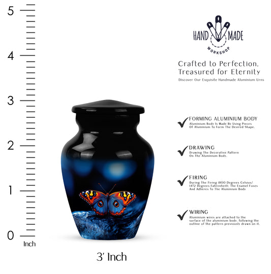 Onyx Black Butterfly Cremation Urn close-up of engraving and surface detail - traditional butterfly engraving with hand-polished finish - mini keepsake memorial for portion of cremation ashes