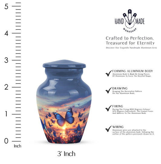 Icy Blue Butterfly Cremation Urn close-up of engraving and surface detail - timeless butterfly motif etched into premium metal - mini keepsake memorial for portion of cremation ashes