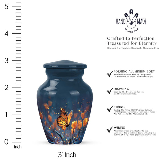 Sky Blue Butterfly Cremation Urn close-up of engraving and surface detail - classic sculpted butterfly pattern on smooth aluminum - mini keepsake memorial for portion of cremation ashes
