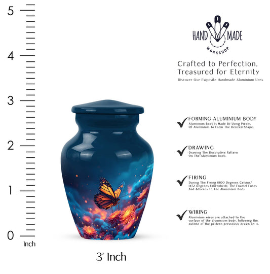 Pastel Blue Butterfly Cremation Urn close-up of engraving and surface detail - classic sculpted butterfly pattern on smooth aluminum - mini keepsake memorial for portion of cremation ashes