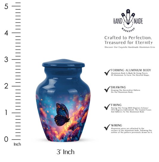 Bright Blue Butterfly Cremation Urn close-up of engraving and surface detail - traditional butterfly engraving with hand-polished finish - mini keepsake memorial for portion of cremation ashes