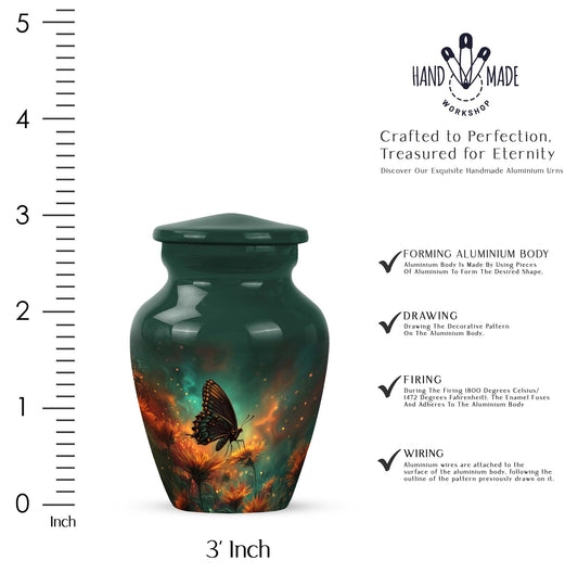 Tropical Teal Butterfly Cremation Urn close-up of engraving and surface detail - elegant classic butterfly relief with fine detailing - mini keepsake memorial for portion of cremation ashes