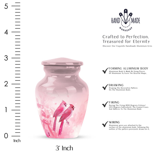 Rich Red Cardinal Cremation Urn close-up of engraving and surface detail - elegant classic cardinal relief with fine detailing - mini keepsake memorial for portion of cremation ashes