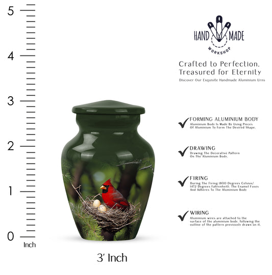 Olive Green Cardinal Cremation Urn close-up of engraving and surface detail - elegant classic cardinal relief with fine detailing - mini keepsake memorial for portion of cremation ashes