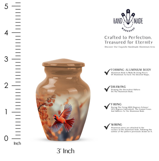 Amber Gold Cardinal Cremation Urn close-up of engraving and surface detail - timeless cardinal motif etched into premium metal - mini keepsake memorial for portion of cremation ashes