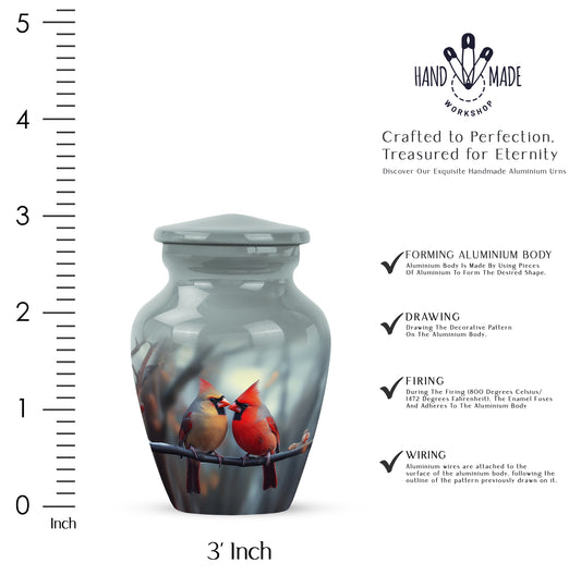 Slate Gray Cardinal Cremation Urn close-up of engraving and surface detail - elegant classic cardinal relief with fine detailing - mini keepsake memorial for portion of cremation ashes