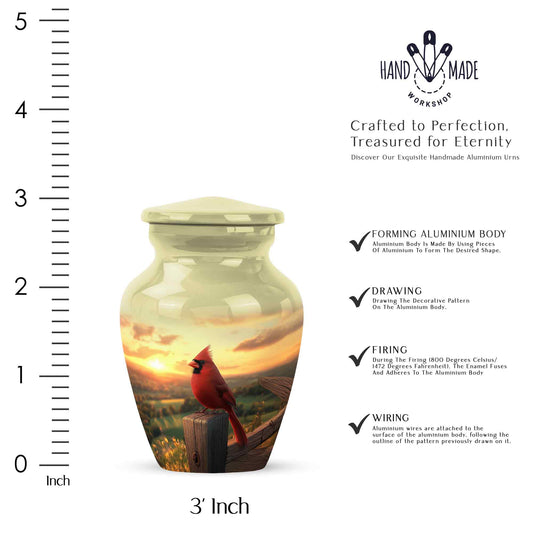 Amber Gold Cardinal Cremation Urn close-up of engraving and surface detail - classic sculpted cardinal pattern on smooth aluminum - mini keepsake memorial for portion of cremation ashes